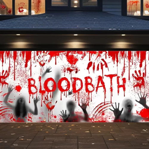 2023 Scary Halloween Garage Door Decorations: Horror Style Banner Cover with Grommets，Bloody Backdrop,Handprints,Perfect for Halloween Party Decorations and Garage Door Decor，6 x 14ft